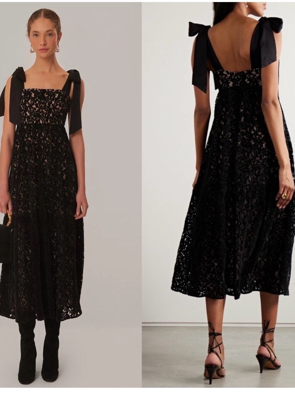 FARM Rio Black Lace Midi Dress with Bow Shoulder Ties